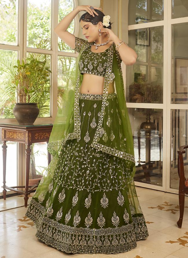 Net Olive Green  Wedding Wear Embroidery Sequence Work Lehenga Choli